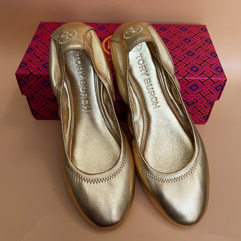 Tory Burch Eddie Gold Nappa Ballet Leather Flats Size 8
